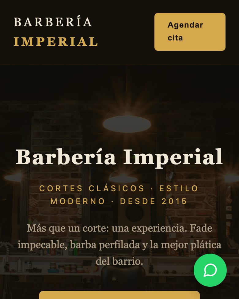 Página de Barbería Imperial vista en un celular: fondo oscuro, letras doradas y botón para agendar cita.