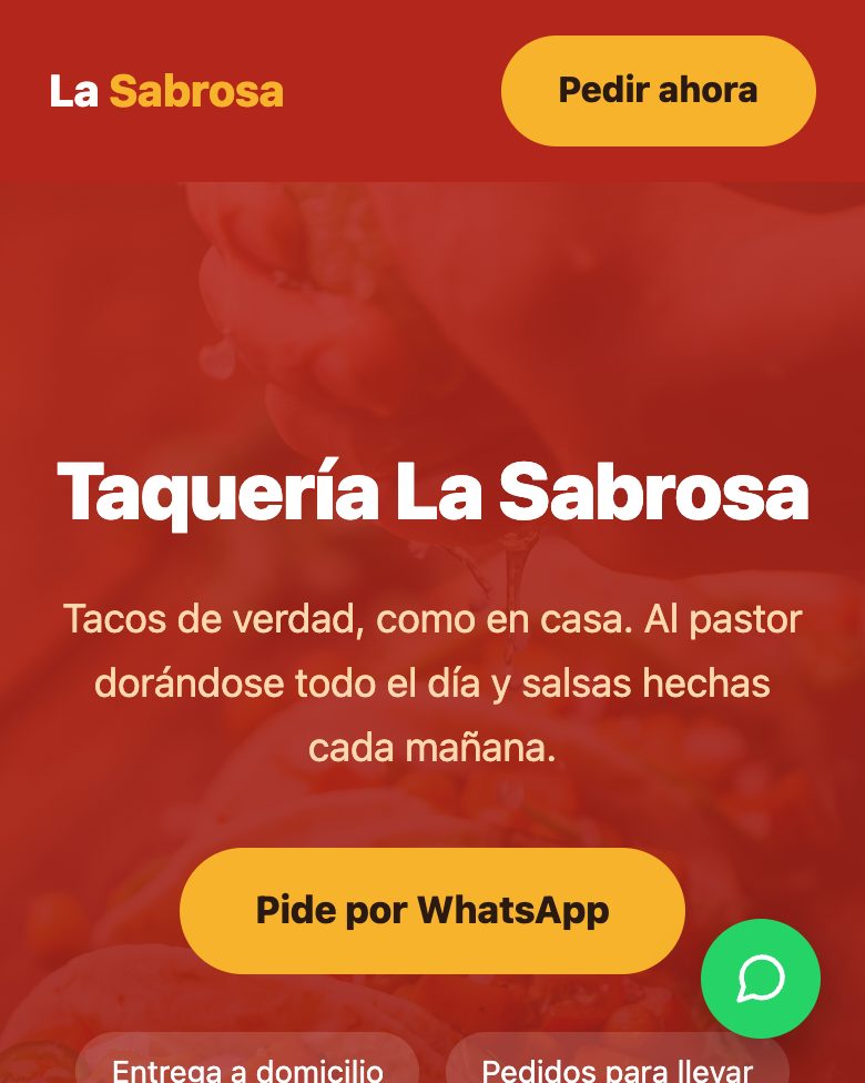 Página de Taquería La Sabrosa vista en un celular: rojo y amarillo, con botón para pedir por WhatsApp.